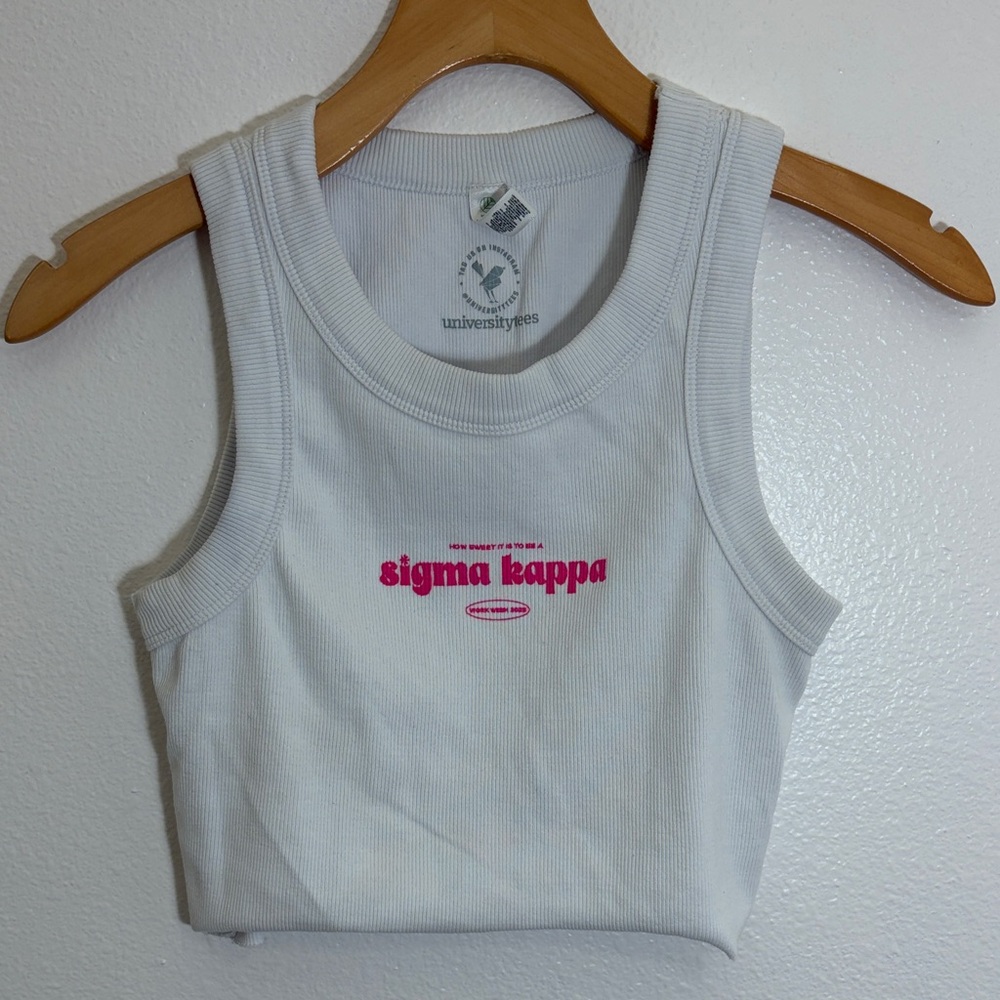 Sigma Kappa White Ribbed Crop Tank Top with Pink Logo